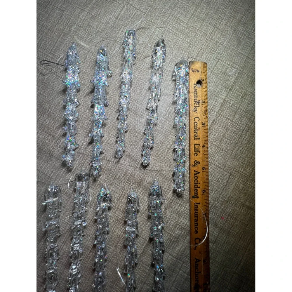 Vintage Iridescent Glitter Icicle Ornaments and Glass Prism Set 11 Piece Clear
